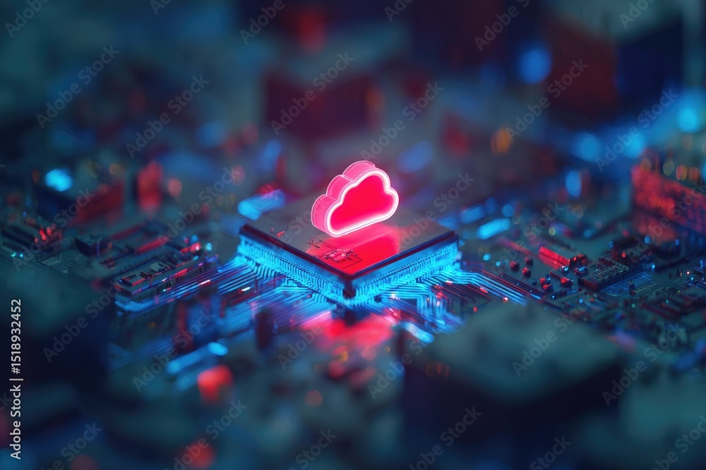 Aufkleber a close-up of a circuit board with a glowing pink cloud icon on a central processor, illuminated wit
