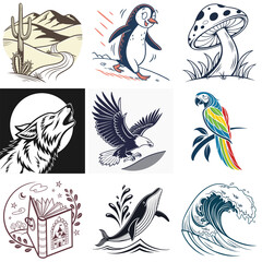 Collection of Vector Illustrations Desert Penguin Mushroom Wolf Eagle Parrot Book Whale Wave