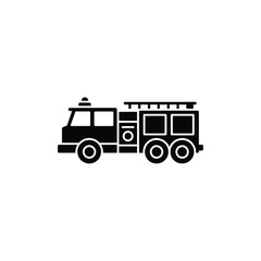 Black Silhouette of a Fire Truck with Ladder and Wheels on a White Background