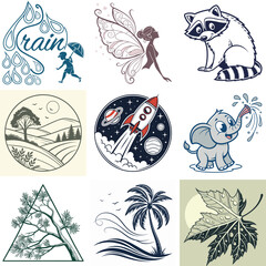 Collection of Nine Stylized Illustrations Featuring Nature Fantasy and Space Themes