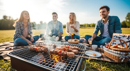 Outdoor Picnic with Friends and Delicious Grilled Kebabs