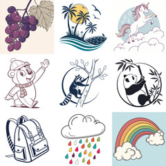 Cartoon Illustration Featuring a Variety of Animals Nature and Objects in Squares