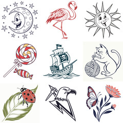 Collection of Nine Whimsical Illustrations Featuring Diverse Subjects and Styles on a White Background