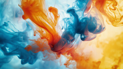 Dynamic swirl of blue and orange ink in water, creating a vibrant abstract cloud effect, perfect for creative backgrounds or artistic visuals.