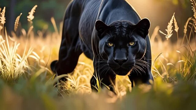 Elegant black panther walking through tall grass at sunset, wildlife in nature, feline predator prowling in golden light, wild animal portrait