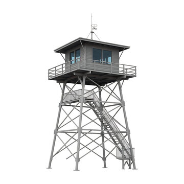 Tall metal watch tower isolated on transparent background. Cut out