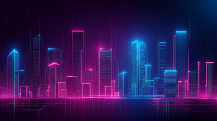 Futuristic neon cityscape with glowing pink and blue skyscrapers, perfect for cyberpunk, technology, and sci-fi themed backgrounds or creative projects.