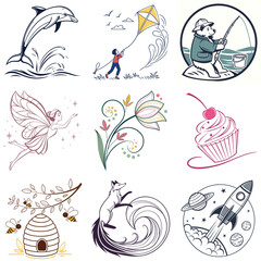 Collection of Nine Whimsical Illustrations Featuring Animals Nature and Fantasy Elements
