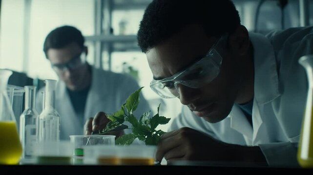 Dedicated scientists engrossed in botanical research for sustainable agriculture