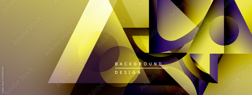 Poster Abstract geometric shapes overlap, creating dynamic visual effect. Yellows, purples blend smoothly. Modern design element.