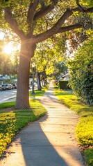 Sunny suburban sidewalk scene with large tree casting shadow on the paved path du golden hour in a residential neighborhood