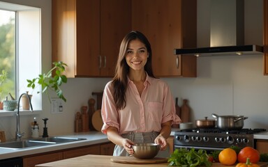 Latin women live streaming online with a smartphone while cooking in the kitchen at home. High quality