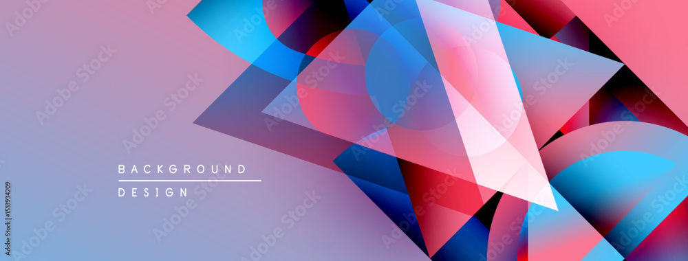Poster abstract geometric shapes overlap, creating vibrant color gradients. design features pinks, blues, p