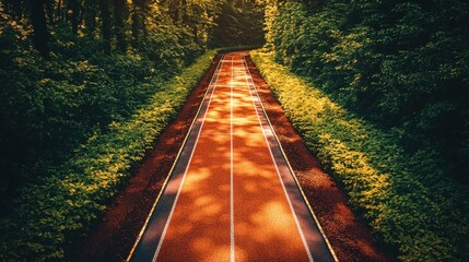 Long scenic road through lush green forest with sunlight filte through the trees and bright orange and white road markings on a clear day