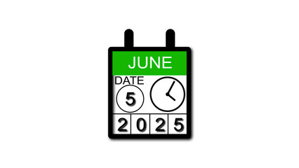4K calendar animation June date 5 2025 illustration . black background clean and stunning 4k illustration .