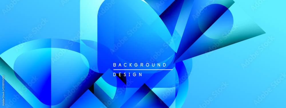 Poster abstract blue design features overlapping geometric shapes. gradient colors create dynamic visual ef