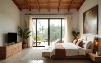 Big room with bed in a palm house. High quality