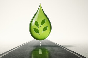 A large, translucent green droplet with leaf symbols inside floats above a straight asphalt road - Generative AI