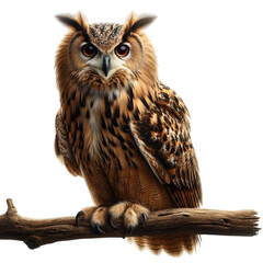Naklejka premium Eurasian eagle owl perched on branch isolated on transparent background isolated on white background