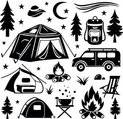 Collection of monochrome camping icons, symbolizing outdoor adventures and leisure time