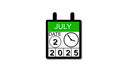 4K calendar animation July date 2 2025 illustration . black background clean and stunning 4k illustration .