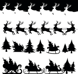 Christmas Eve Magic Silhouette Reindeer and Santa's Sleigh Vector Graphics