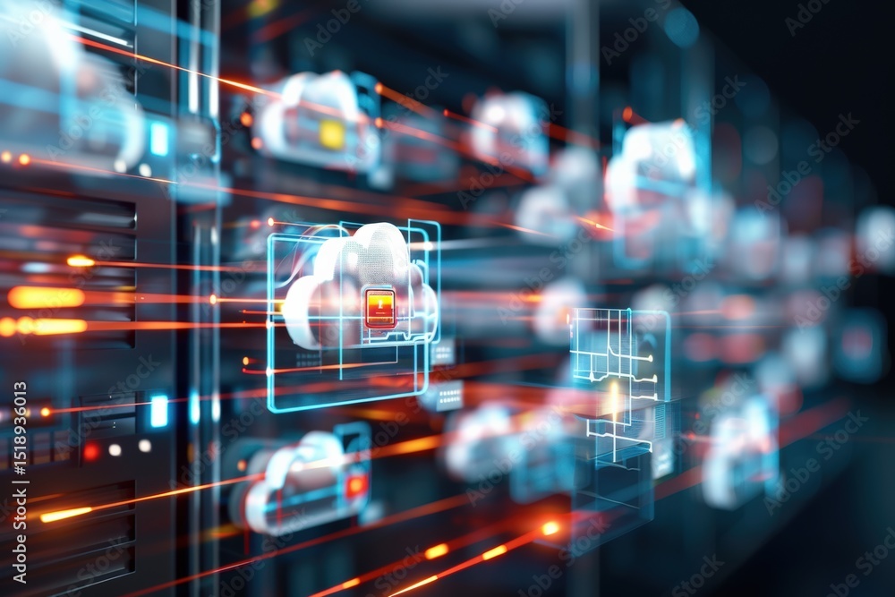 Poster data transfer event in cloud computing server room digital art high-tech environment close-up view i