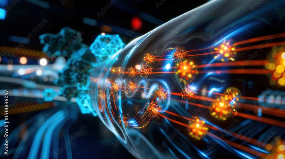 Poster dynamic visualisation of quantum particles futuristic lab digital artwork high-tech environment clos