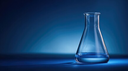 A clear Erlenmeyer flask, partially filled with a light blue liquid, sits on a dark blue surface, illuminated by a subtle light source