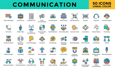 Communication icons set with secure messaging, online forum, feedback form, public announcement, virtual assistant, online survey, qr code scanner, barcode icon. Simple lineal color vector 
