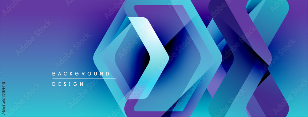 Poster abstract geometric shapes overlap, creating vibrant blue purple gradient. text reads background desi