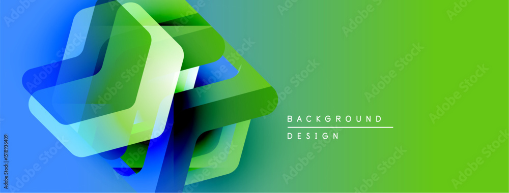 Poster Abstract geometric shapes, vibrant bluegreen gradient. Modern design elements create dynamic visual impact. Simple text overlay present.