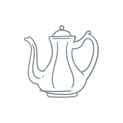 Illustration of an antique teapot, hand-drawn in ink. Original teapot drawings. Line art.