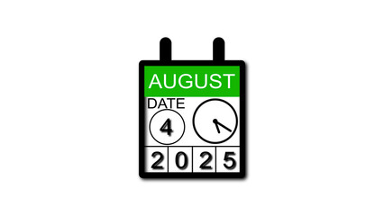 4K calendar animation August date 4 2025 illustration . black background clean and stunning 4k illustration .