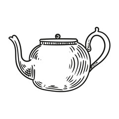 Illustration of an antique teapot, hand-drawn in ink. Original teapot drawings. Line art.