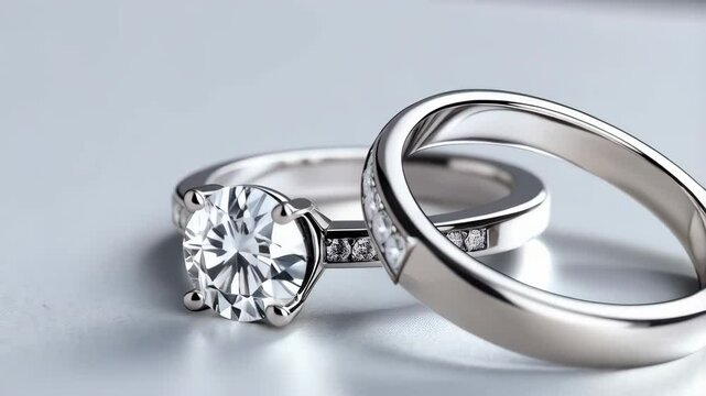 Two silver wedding rings with diamond accents on a light gray background in a studio setting