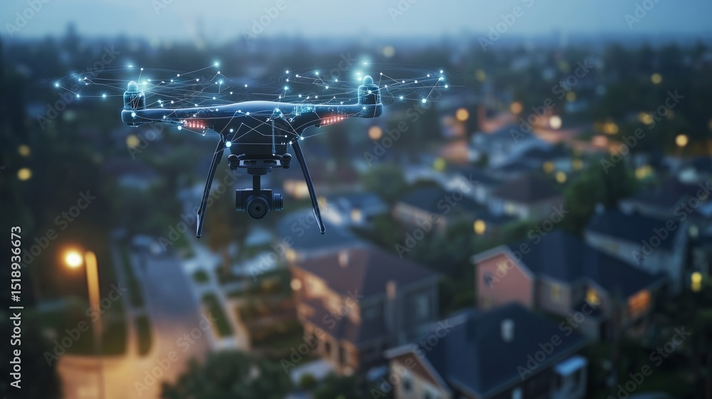 Poster a tech-inspired drone image showing interconnected homes with wireless coverage mapped across a subu