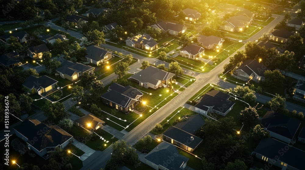 Poster a tech-inspired drone image showing interconnected homes with wireless coverage mapped across a subu