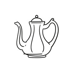 Illustration of an antique teapot, hand-drawn in ink. Original teapot drawings. Line art.