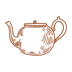 Illustration of an antique teapot, hand-drawn in ink. Original teapot drawings. Line art.