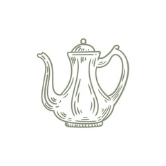 Illustration of an antique teapot, hand-drawn in ink. Original teapot drawings. Line art.