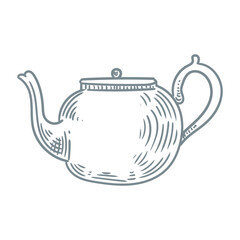 Illustration of an antique teapot, hand-drawn in ink. Original teapot drawings. Line art.