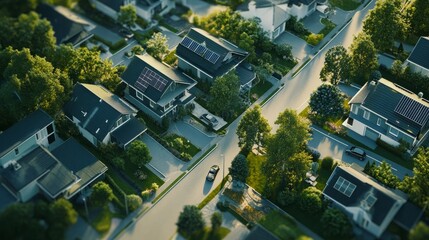 Aerial perspective of a futuristic neighborhood with visible smart home elements like sensors, EV chargers, and solar roofs