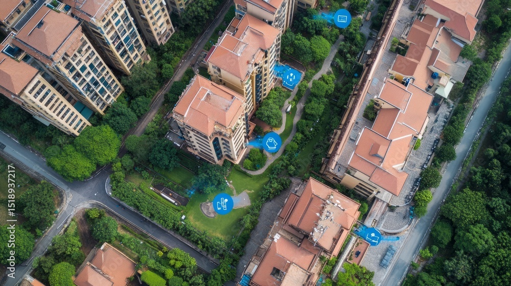 Poster daylight aerial view of residential block with smart grid overlays and real-time connectivity indica