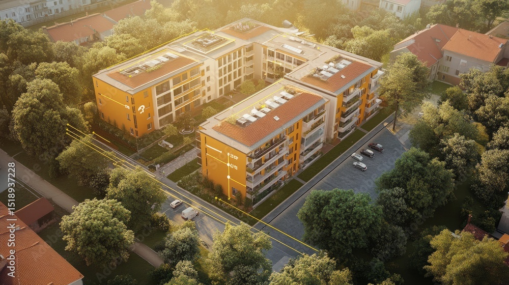 Poster daylight aerial view of residential block with smart grid overlays and real-time connectivity indica