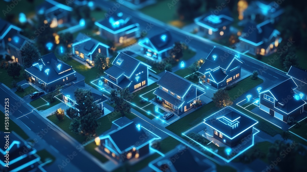 Poster digital representation of a smart home neighborhood from above, showing home automation links and wi