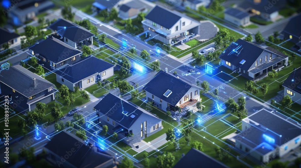 Poster digital representation of a smart home neighborhood from above, showing home automation links and wi