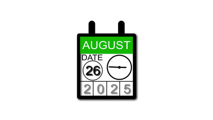 4K calendar animation August date 26 2025 illustration . black background clean and stunning 4k illustration .