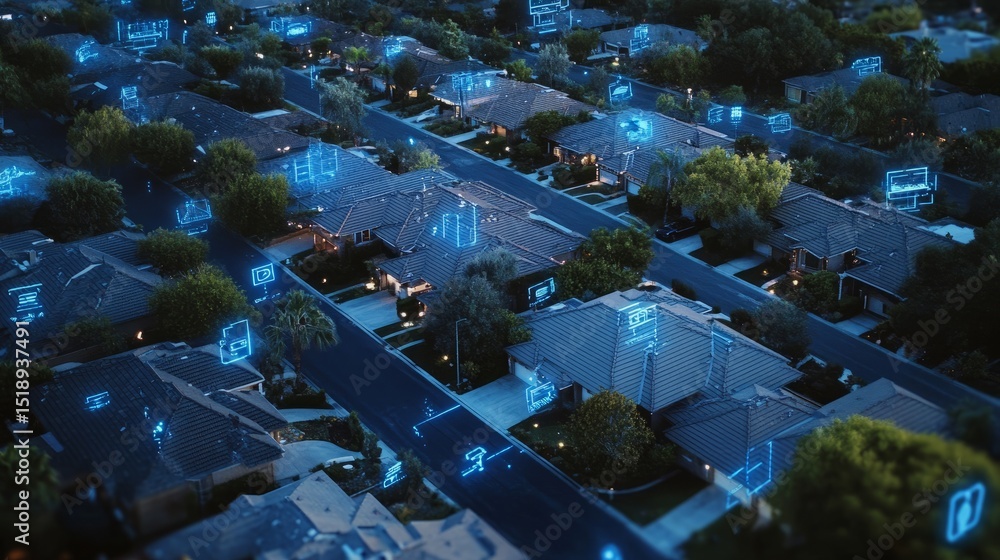 Poster drone flight over a smart suburb with advanced tech visuals layered on rooftops and yards, including