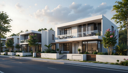 Photorealistic 3D Render of Modern Multifamily Residential Townhouses Featuring Flat Roofs, Balconies, Wooden Facades, and Landscaping 32k Revolution 